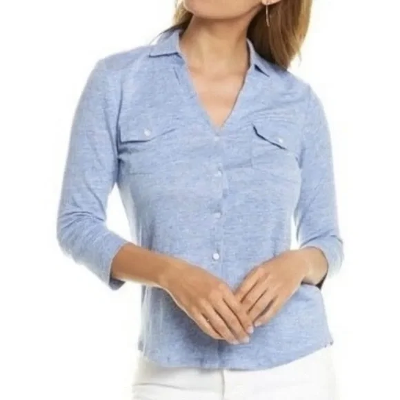 J McLaughlin Brynn Linen Button Down Top Heathered Blue 3/4 Sleeve Size XL D44 - Picture 3 of 8